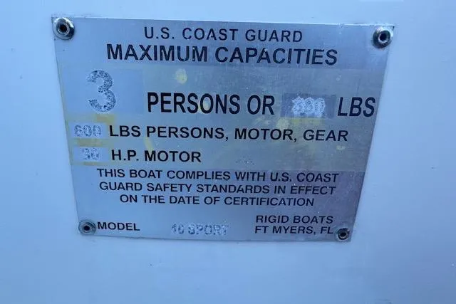 Slide: The Image of U.S. Coast Guard capacity plate for 2024 Rigid Boats 10 Sport, 3-person limit. - 5