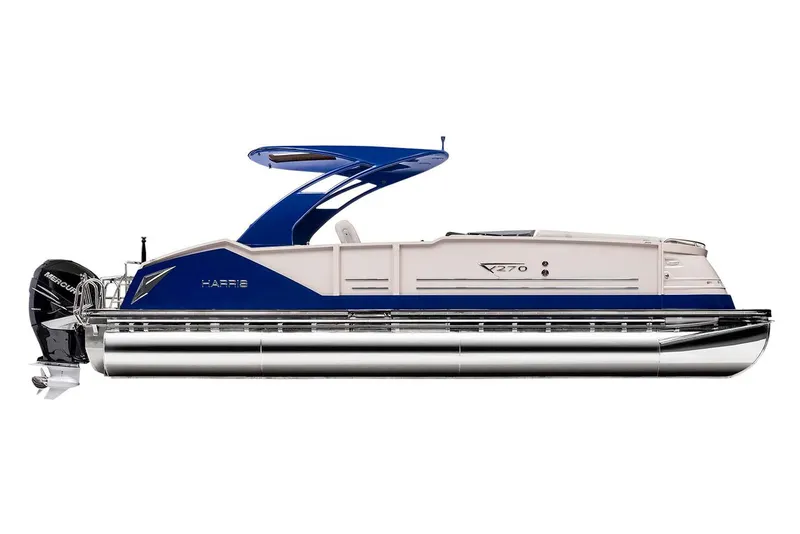 Slide: The Image of Manufacturer Provided Image: 2017 Harris V270 pontoon boat with blue and white design. - 25