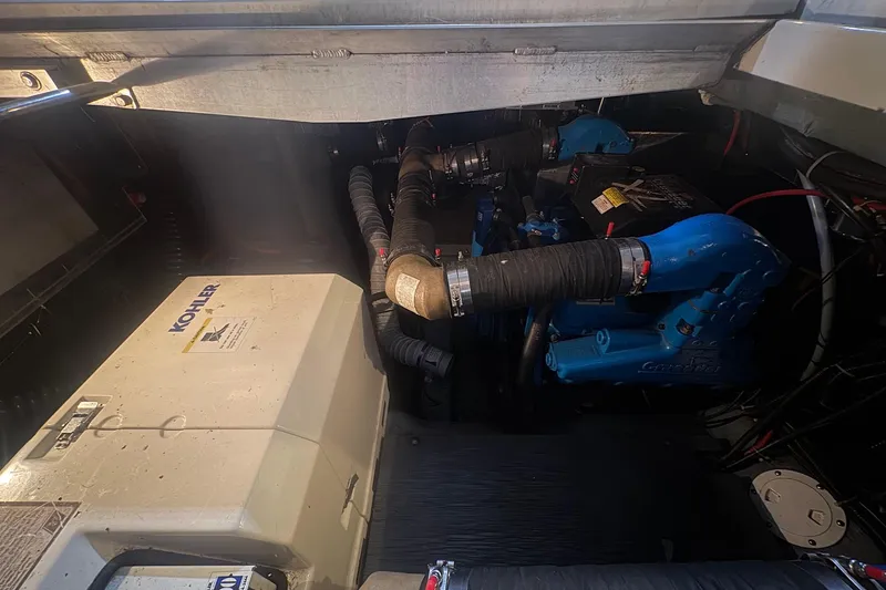 Slide: The Image of Bathroom interior of 1996 Carver 38 Santego yacht with sink, toilet, and shower. - 26