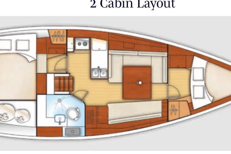 Slide: The Image of 2008 Beneteau Oceanis 37 sailboat interior layout with two cabins and a central living area. - 64
