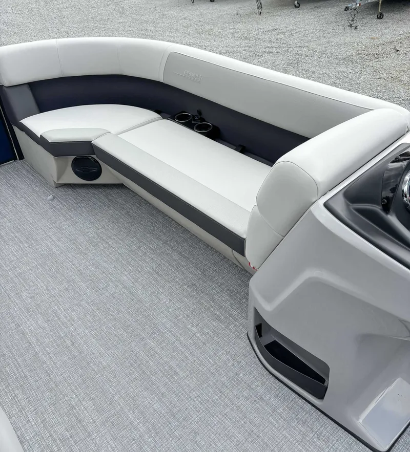 Slide: The Image of Interior of 2026 Harris Cruiser 230 SLDH with gray upholstery. - 11