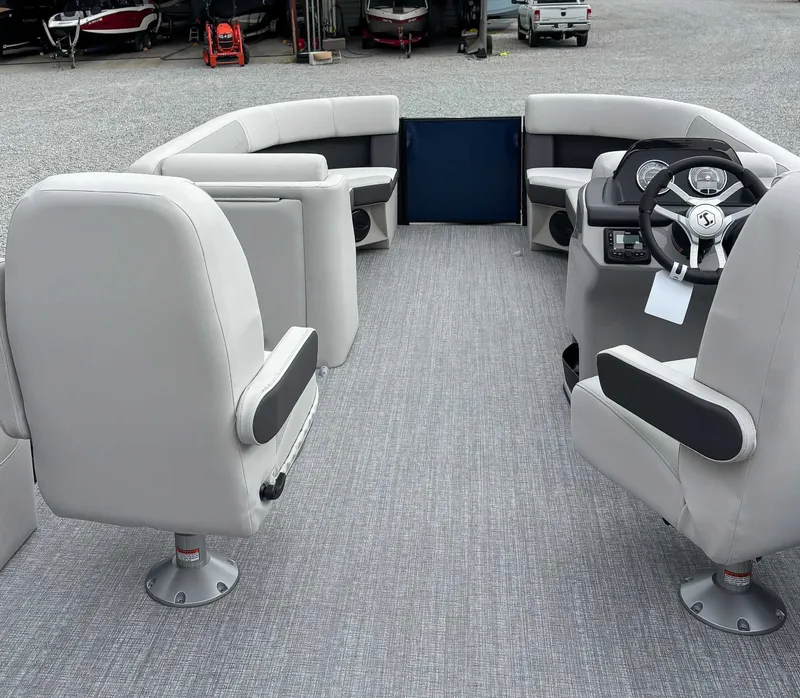 Slide: The Image of Interior of 2026 Harris Cruiser 230 SLDH with gray seating. - 9