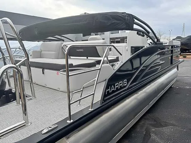 Slide: The Image of 2026 Harris Cruiser 230 SLDH pontoon boat, side view outdoors. - 5