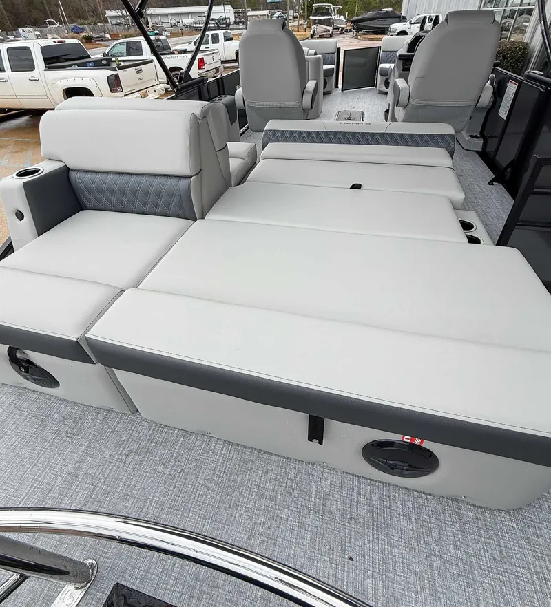 Slide: The Image of Interior of 2026 Harris Cruiser 230 SLDH with gray upholstery. - 23