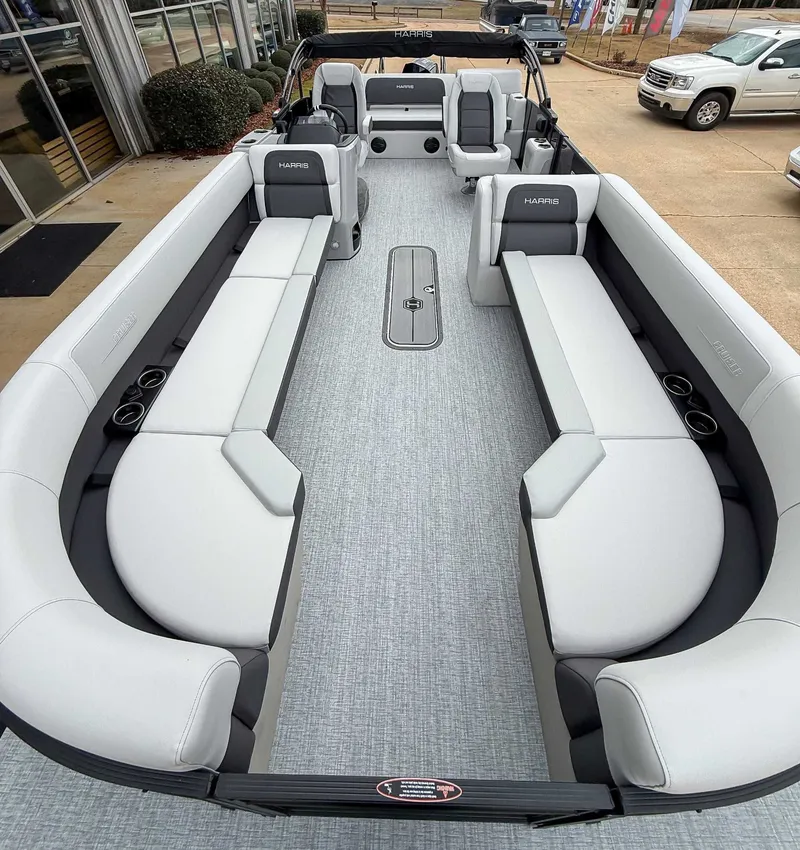 Slide: The Image of Interior of 2026 Harris Cruiser 250 SLDH with gray upholstery. - 9