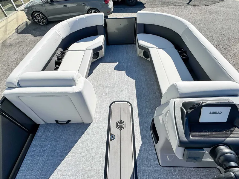 Slide: The Image of Interior of 2026 Harris Cruiser 230 SLDH with luxurious seating. - 11