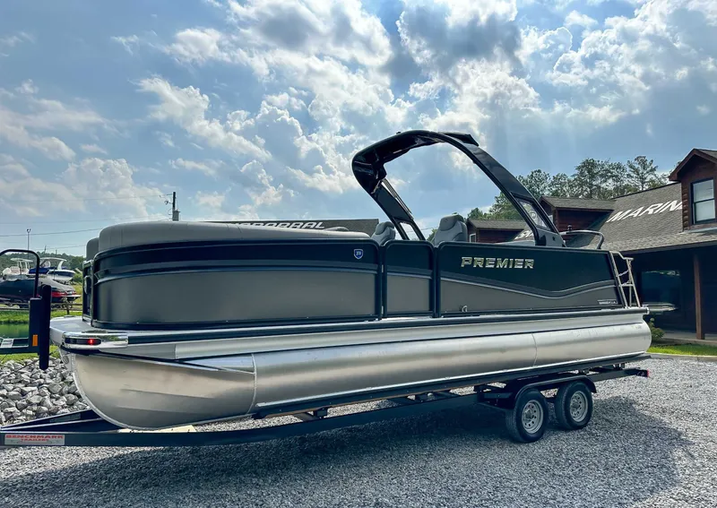 Slide: The Image of 2025 Premier 230 Solaris RL pontoon boat on trailer. - 3