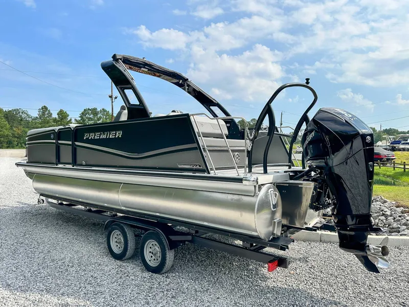 Slide: The Image of 2025 Premier 230 Solaris RL pontoon boat on trailer. - 8