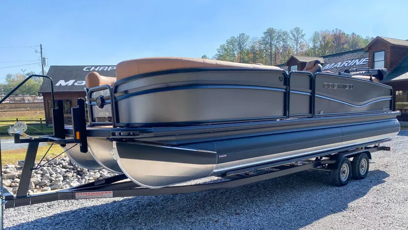 Slide: The Image of Premier Solaris 250 RF pontoon boat on trailer, year 2026. - 5