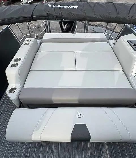 Slide: The Image of Luxurious seating in Premier Intrigue 230 RL pontoon boat, 2026 model. - 17