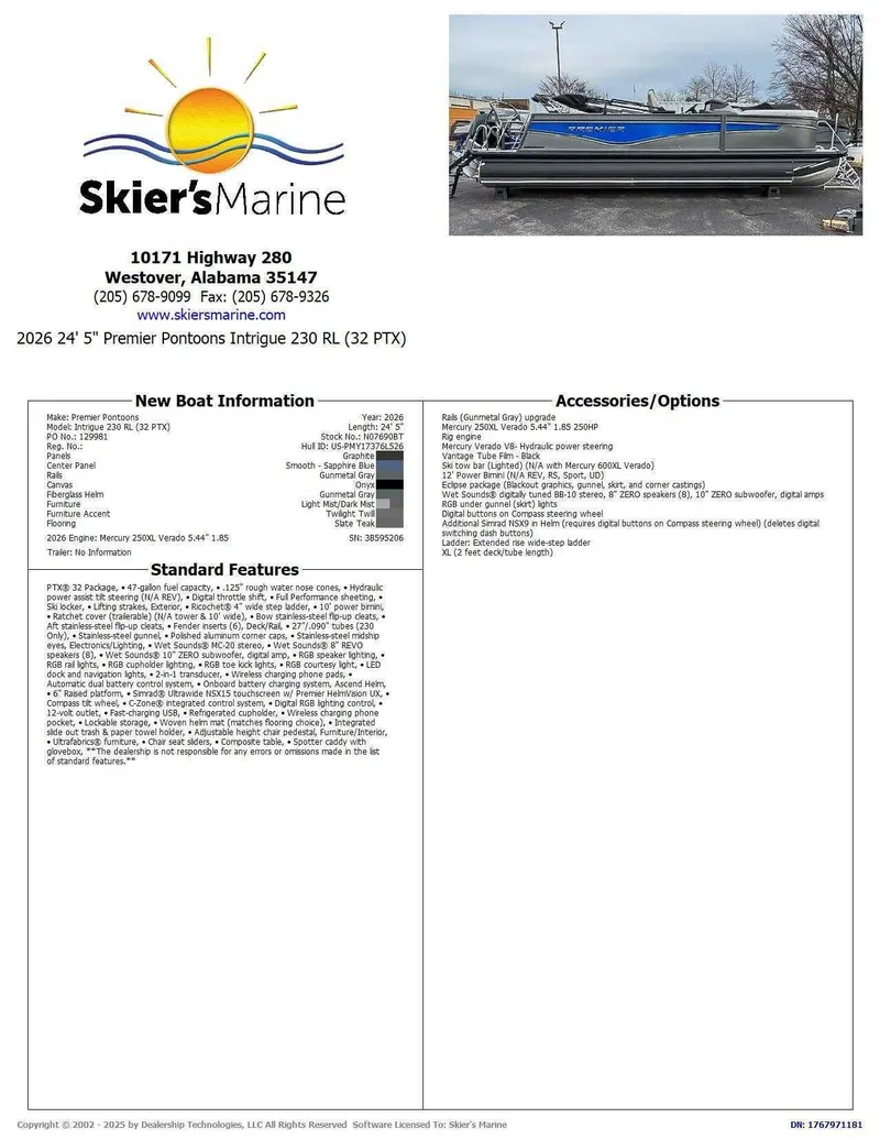 Slide: The Image of 2026 Premier Intrigue 230 RL pontoon boat at Skier's Marine. - 2