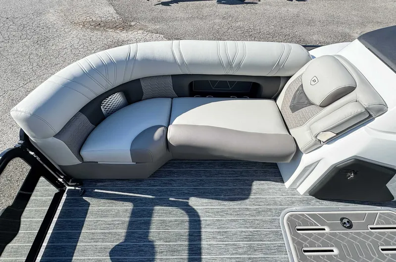 Slide: The Image of Luxurious seating on Premier Intrigue 230 RL pontoon boat, 2026 model. - 13