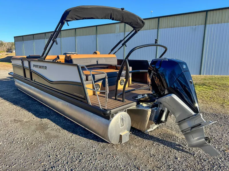 Slide: The Image of 2026 Premier Solaris 250 RL pontoon boat with outboard motor. - 5