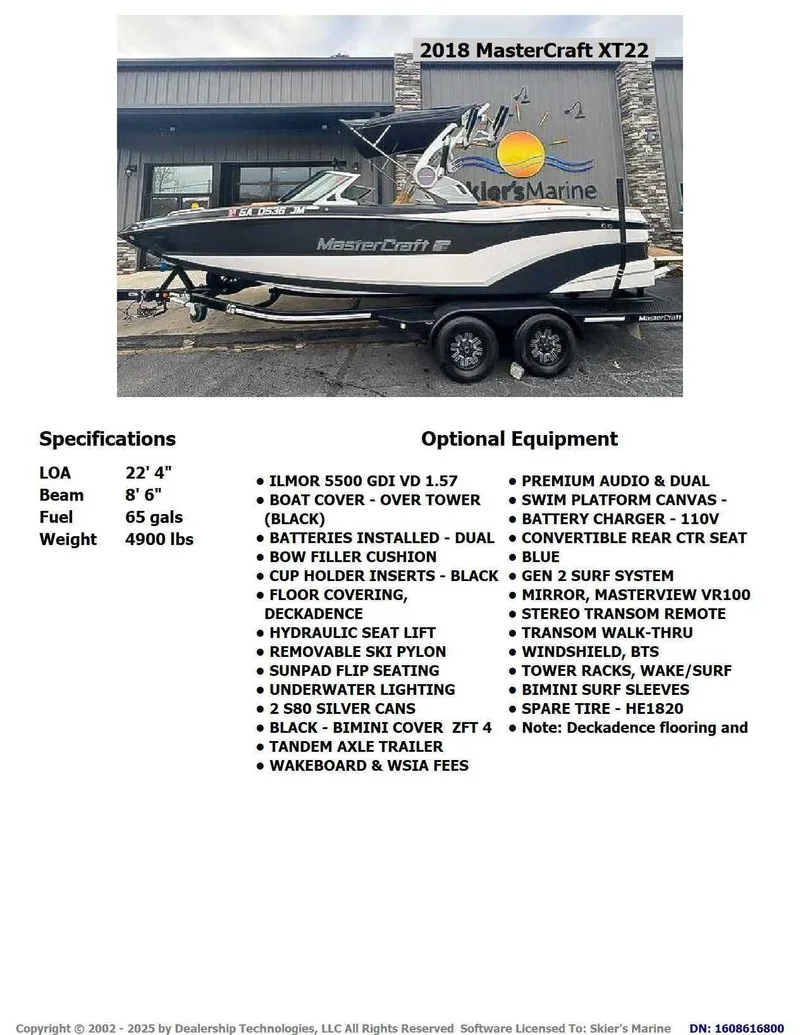 Slide: The Image of 2018 MasterCraft XT22 boat with specifications and optional equipment. - 2