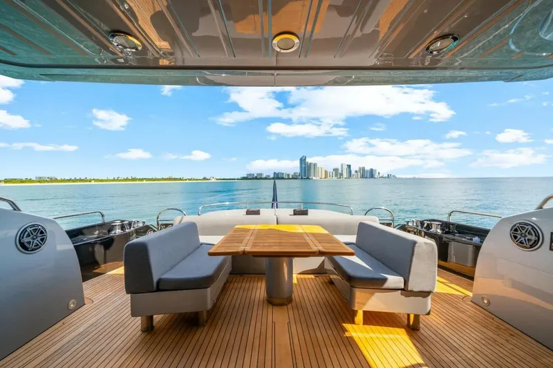 Slide: The Image of Luxurious Sunseeker Predator 84 yacht deck with city skyline view, 2010 model. - 17