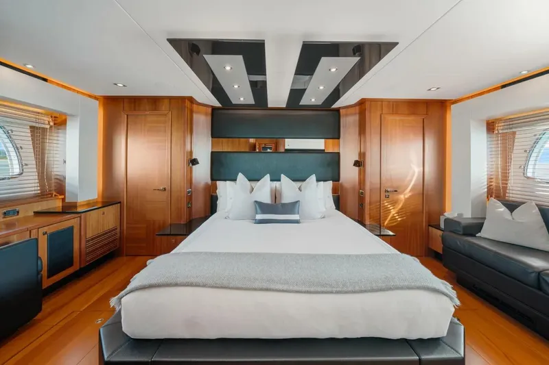 Slide: The Image of Luxurious bedroom interior of 2010 Sunseeker Predator 84 yacht with modern design elements. - 41