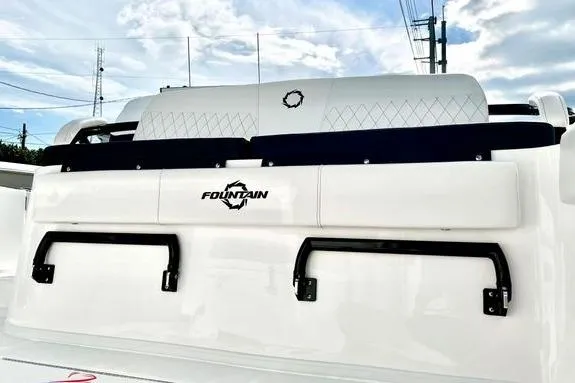 Slide: The Image of 2023 Fountain 38 Tournament Edition boat, rear view with logo and seating. - 17