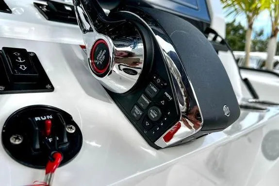 Slide: The Image of Close-up of 2023 Fountain 38 Tournament Edition boat controls and throttle. - 25
