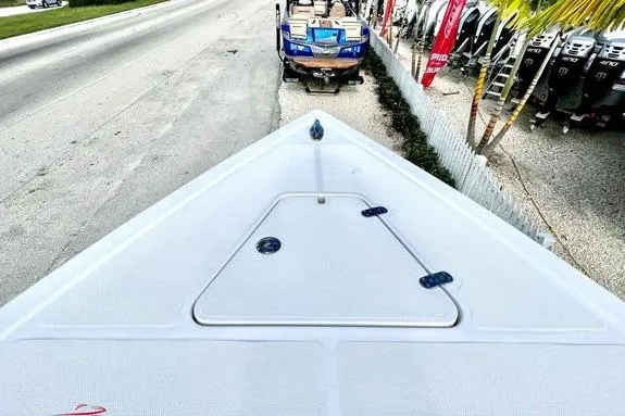 Slide: The Image of 2023 Fountain 38 Tournament Edition boat bow view on roadside display. - 46