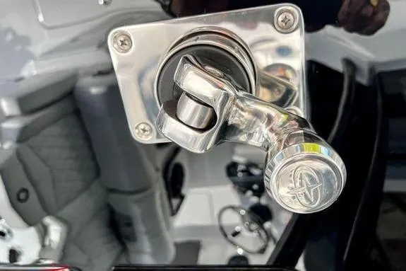 Slide: The Image of Close-up of a 2023 Fountain 38 Tournament Edition boat component, featuring a metallic fixture. - 58