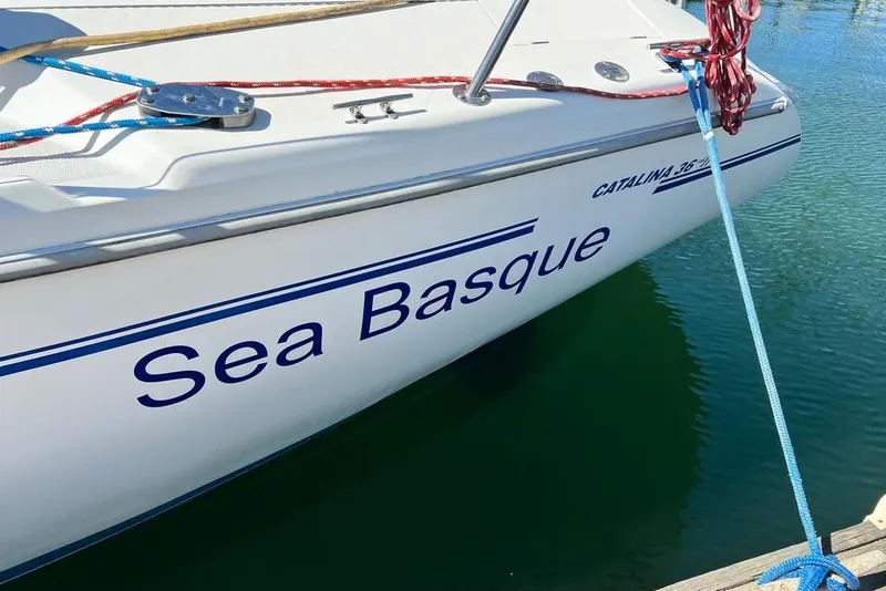 Slide: The Image of Catalina 36 MkII sailboat "Sea Basque" docked, 1999 model, with colorful ropes. - 4