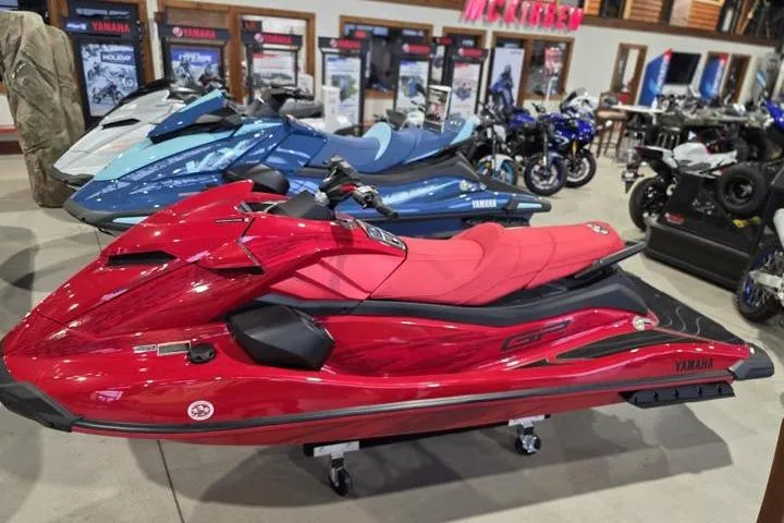 Slide: The Image of 2026 Yamaha WaveRunner GP SVHO in showroom, vibrant red color, sleek design. - 3