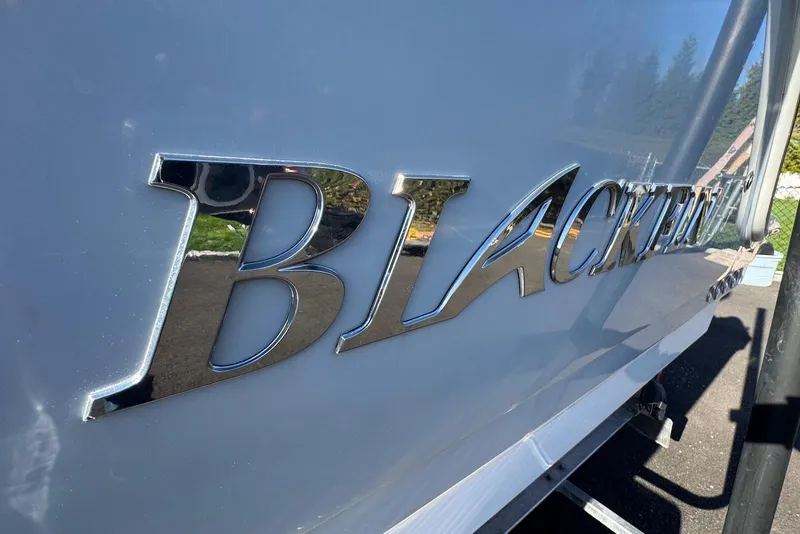 Slide: The Image of Close-up of 2021 Blackfin 252 DC boat logo in shiny chrome finish. - 41