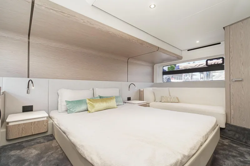 Slide: The Image of Luxurious bedroom interior of 2024 Azimut Fly 53 yacht with modern design. - 46