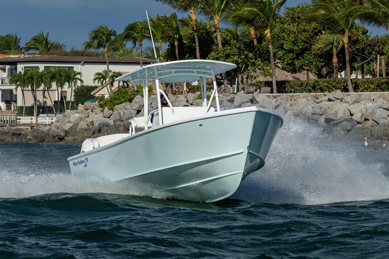 Slide: The Image of 2026 Albury Brothers 27 boat cruising near rocky shoreline with palm trees. - 3