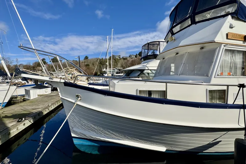 Slide: The Image of 1997 Grandbanks 36 yacht docked at marina under clear blue sky. - 37