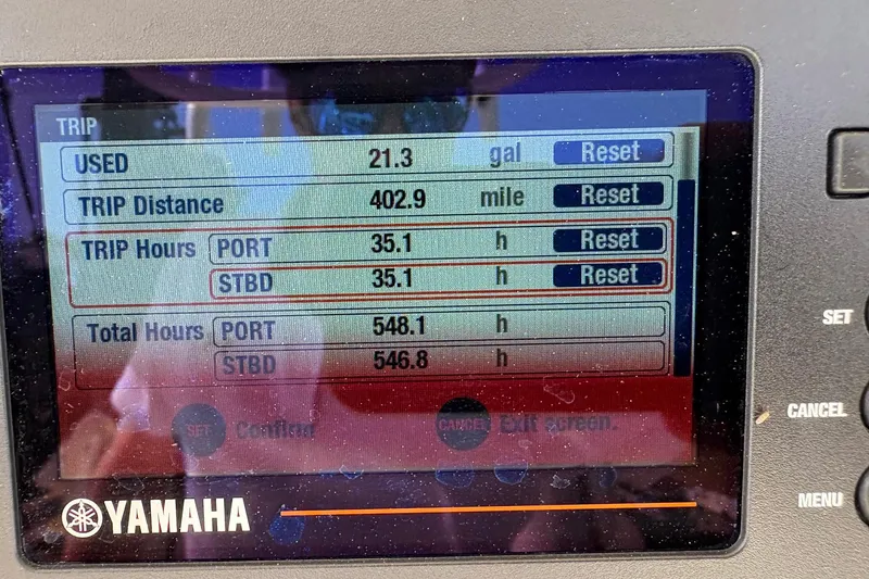 Slide: The Image of Yamaha display showing trip data for 2020 Cobia 240 Center Console boat. - 31