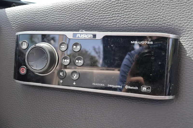 Slide: The Image of Fusion MS-UD755 stereo system on 2019 Regal 29 OBX boat dashboard. - 34