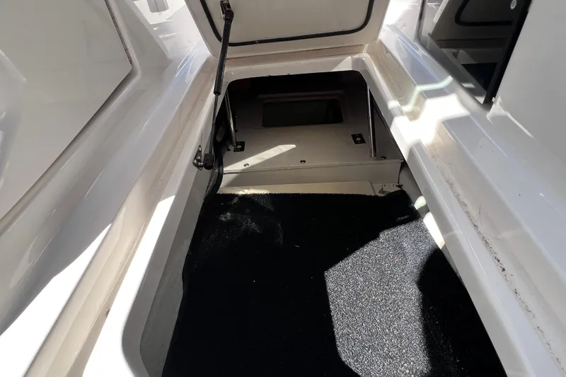 Slide: The Image of 2019 Regal 29 OBX boat storage compartment with open hatch and carpeted interior. - 43