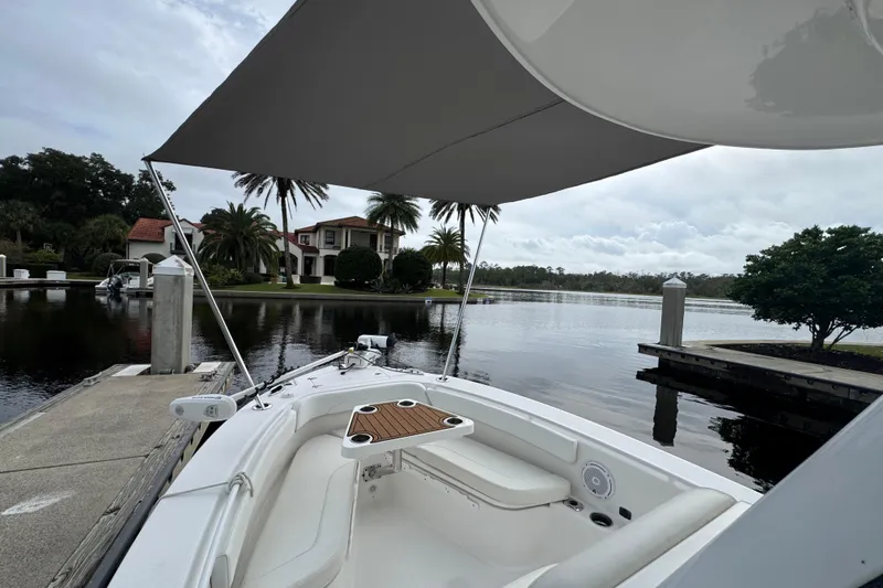 Slide: The Image of 2019 Edgewater 230CC boat docked by a serene waterfront with lush greenery. - 29