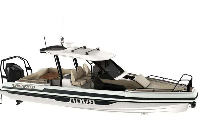 Slide: The Image of 2026 Highfield ADV7 boat with sleek design and modern features, side view. - 8