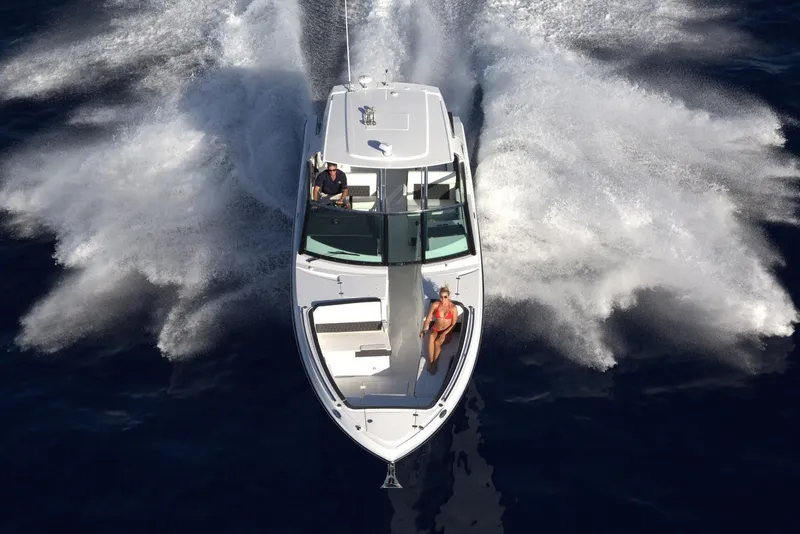 Slide: The Image of Manufacturer Provided Image: 2022 Monterey 378SS Super Sport boat cruising on open water, top view. - 16