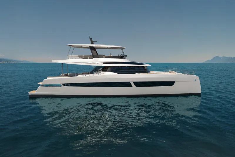 Slide: The Image of Luxurious 2027 Fountaine Pajot FPY 70 yacht cruising on serene blue waters. - 19