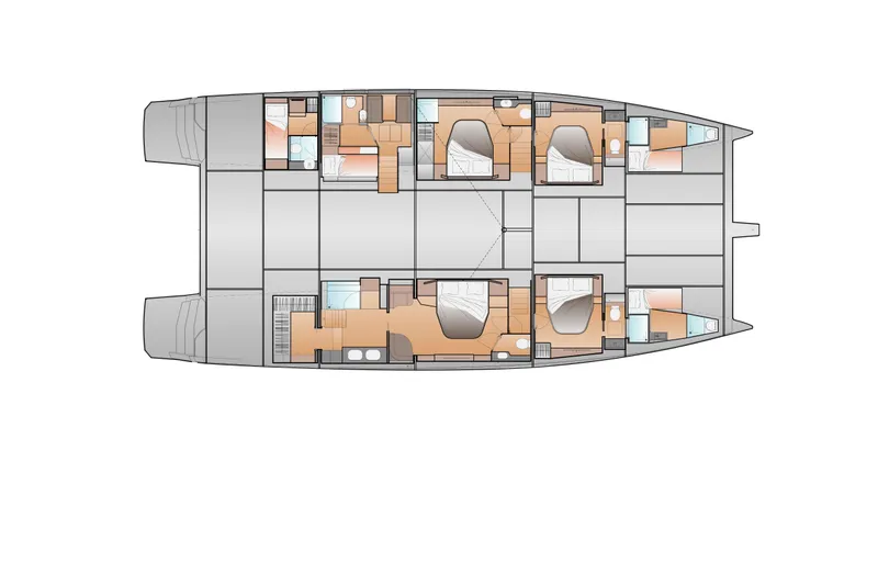 Slide: The Image of Floor plan of 2027 Fountaine Pajot FPY 70 yacht, featuring spacious cabins and modern amenities. - 2