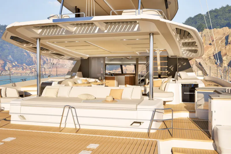 Slide: The Image of Luxurious 2027 Fountaine Pajot FPY 70 yacht with spacious deck and elegant seating area. - 3