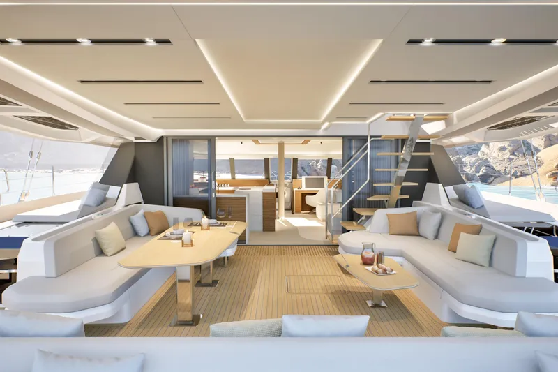Slide: The Image of Luxurious interior of 2027 Fountaine Pajot FPY 70 yacht with modern seating and elegant decor. - 4