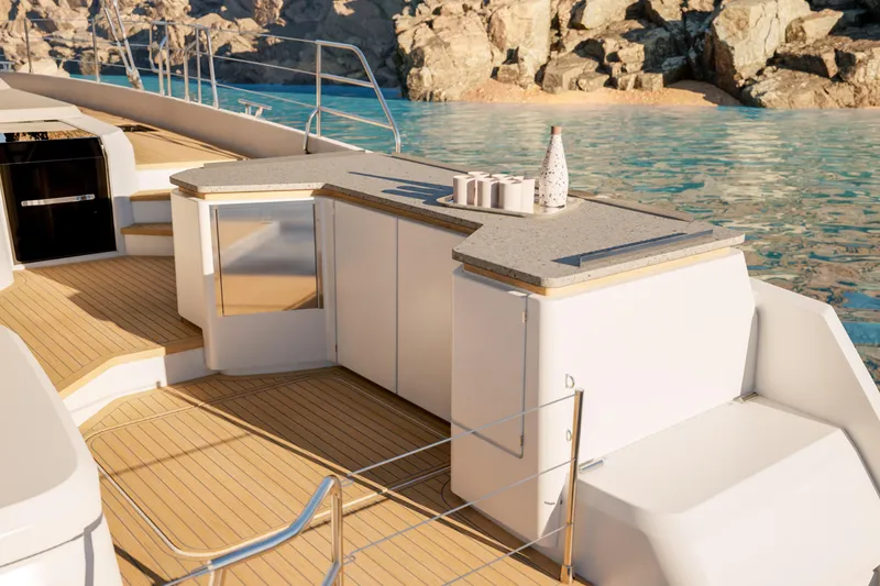 Slide: The Image of Luxurious 2027 Fountaine Pajot FPY 70 yacht deck with modern outdoor kitchen. - 6
