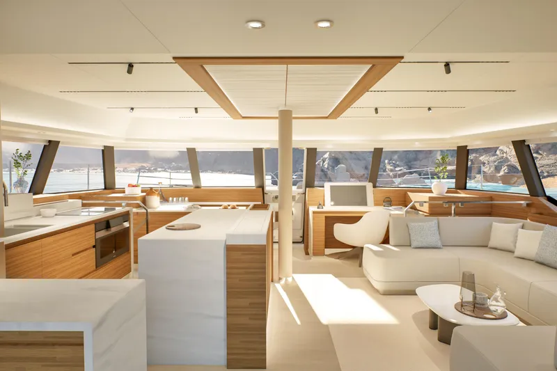 Slide: The Image of Luxurious interior of 2027 Fountaine Pajot FPY 70 yacht with modern design and panoramic windows. - 9
