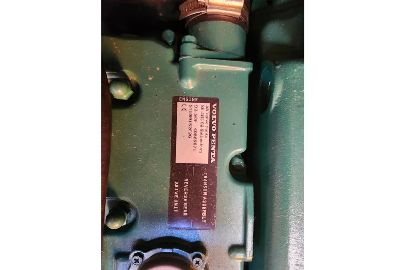 Slide: The Image of Close-up of a Volvo Penta engine label on a 1987 Custom Weld Exploration. - 12