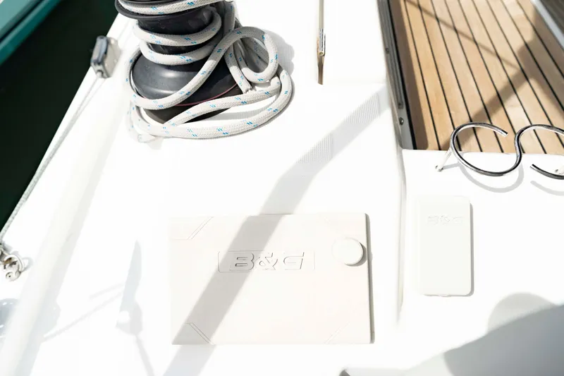 Slide: The Image of Deck of 2017 Beneteau Oceanis 41.1 with winch, rope, and B&G equipment. - 14