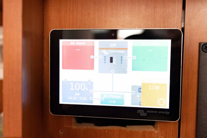 Slide: The Image of Victron Energy control panel on 2017 Beneteau Oceanis 41.1 yacht, displaying power management. - 54