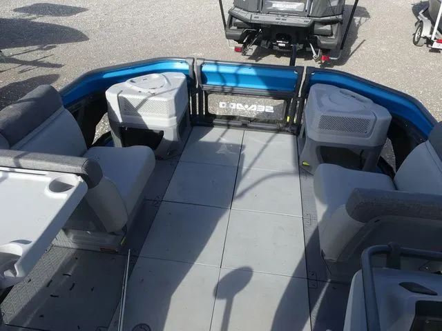 Slide: The Image of Interior of 2022 Sea-Doo Switch® Cruise 18, gray seating, blue trim. - 11