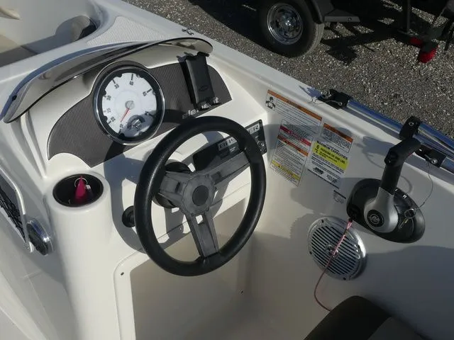 Slide: The Image of Dashboard of a 2017 Bayliner Element E16 boat with steering wheel and instruments. - 15