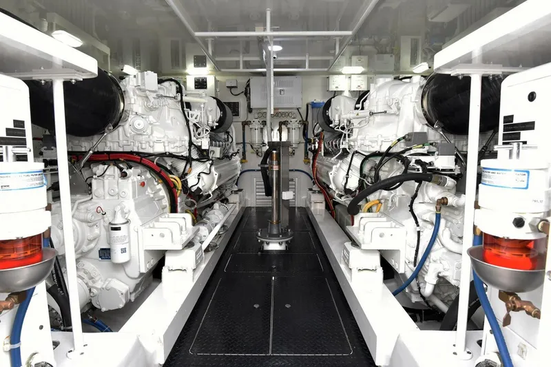 Slide: The Image of Engine room of 2019 Viking 80 Sky Bridge yacht, showcasing dual powerful engines. - 109