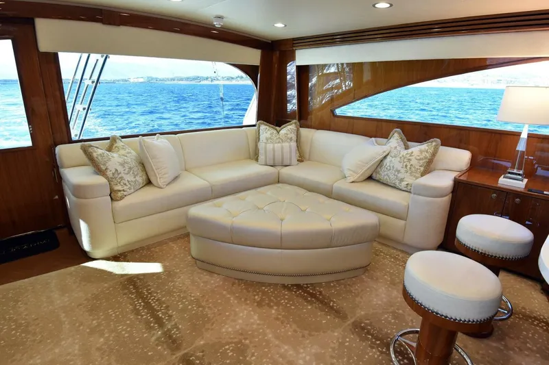 Slide: The Image of Luxurious interior of 2019 Viking 80 Sky Bridge yacht with elegant seating and ocean view. - 54