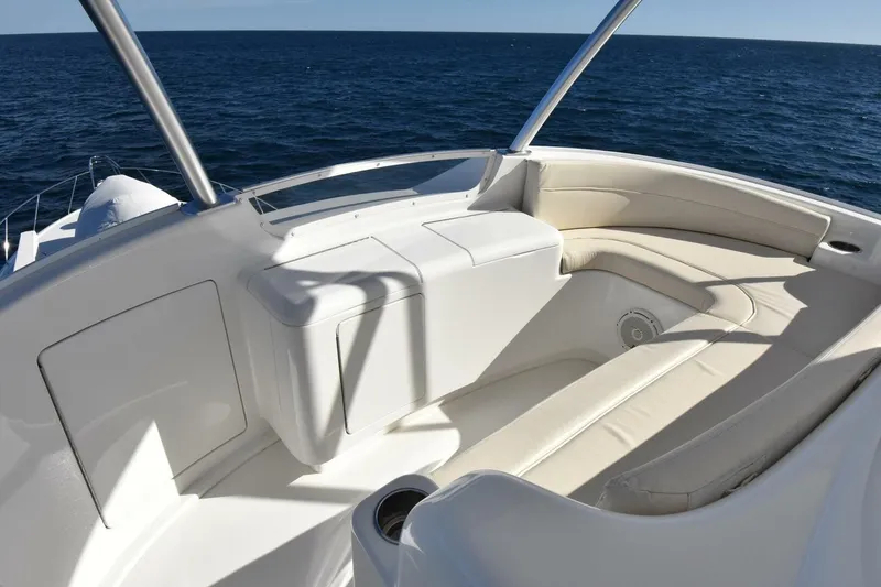 Slide: The Image of Luxurious seating area on 2019 Viking 80 Sky Bridge yacht, overlooking the ocean. - 73